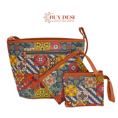 Multicolored Ikat Cotton HandBag with Sling Cross Body Bag and Small Clutch Bag for Women