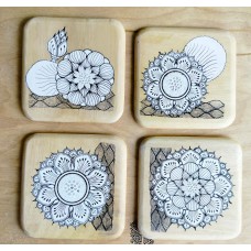 Hand Painted Folk Art Square Wooden Coasters Set of 4 Pieces