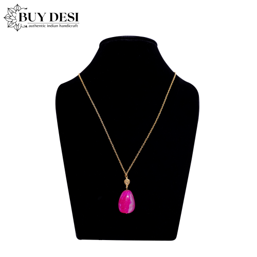 Sleek Gold Coloured Chain with Pink Chalcedony Stone Necklace Pendant for Women