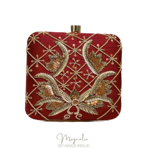 SAGAR Deep Red Embroidered Square Clutch