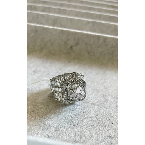 Silver CZ & Crystals Oversized Ring