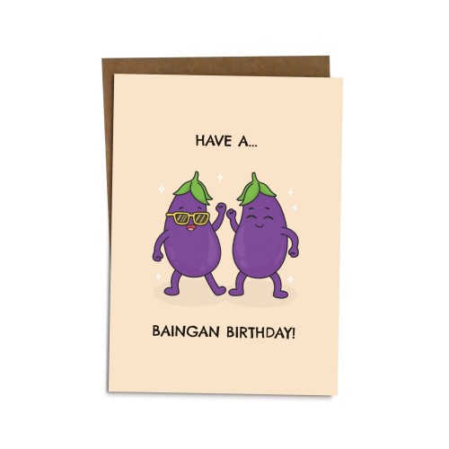 Happy Birthday Card - Baingan Desi Card, Funny Indian Food Card, Pun Humour BYANIKA