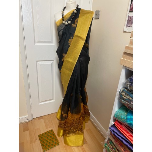 Linen silk ( with mixed fabrics)peacock print saree 938